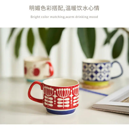 laysda 300ml Japanese Flower Coffee Mug Set Retro Ceramic Milk Oats Mug Office Water Handgrip Cup Kitchen Party Drinkware Set