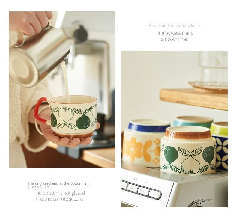 laysda 300ml Japanese Flower Coffee Mug Set Retro Ceramic Milk Oats Mug Office Water Handgrip Cup Kitchen Party Drinkware Set