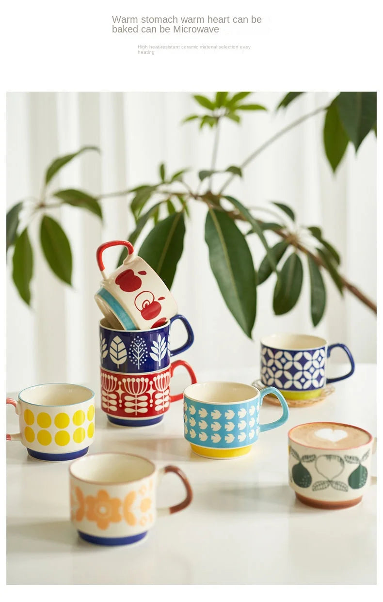 laysda 300ml Japanese Flower Coffee Mug Set Retro Ceramic Milk Oats Mug Office Water Handgrip Cup Kitchen Party Drinkware Set
