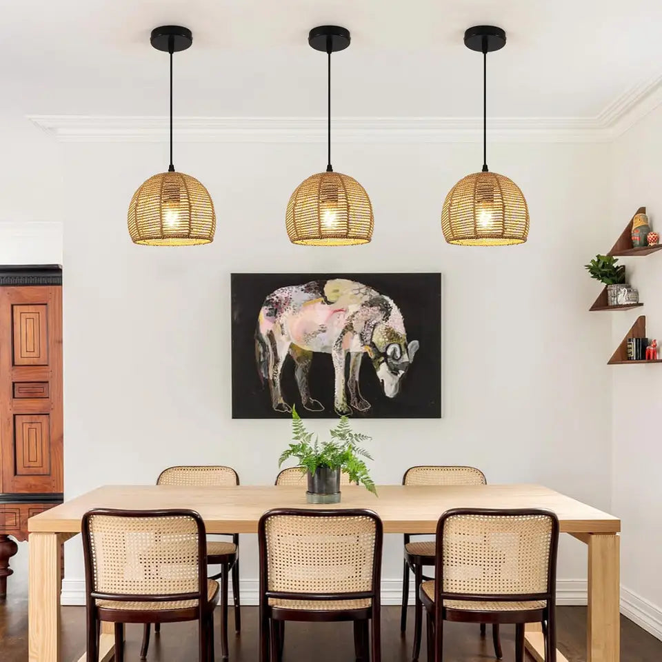 Rattan Pendant Light - Boho Woven Shade for Dining Room