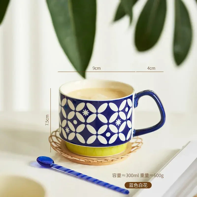 laysda 300ml Japanese Flower Coffee Mug Set Retro Ceramic Milk Oats Mug Office Water Handgrip Cup Kitchen Party Drinkware Set