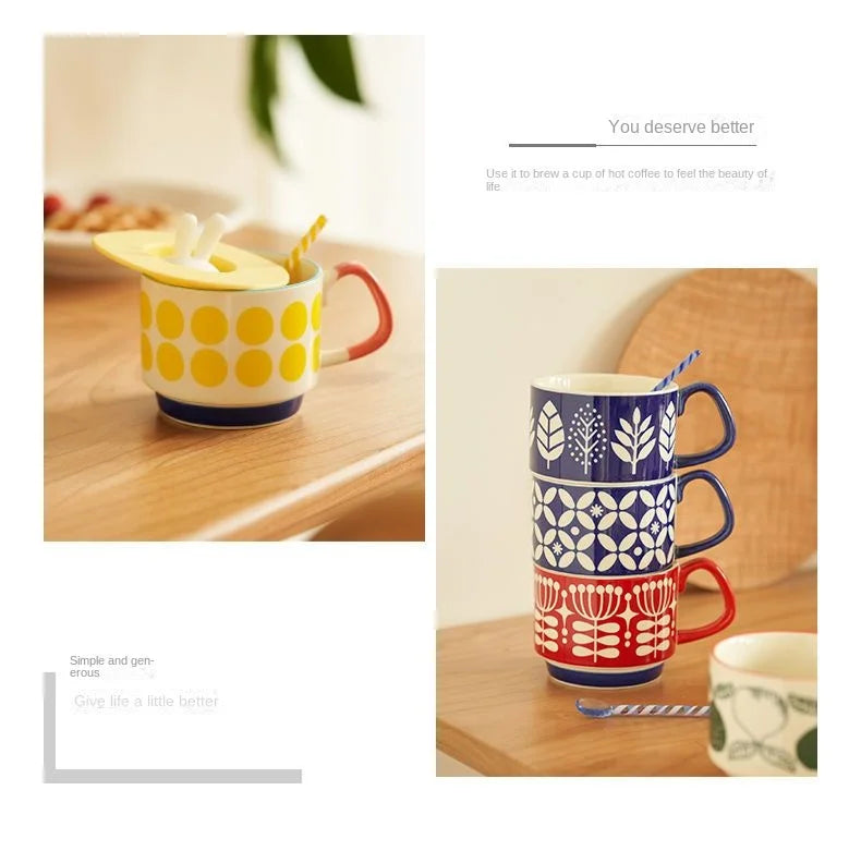 laysda 300ml Japanese Flower Coffee Mug Set Retro Ceramic Milk Oats Mug Office Water Handgrip Cup Kitchen Party Drinkware Set