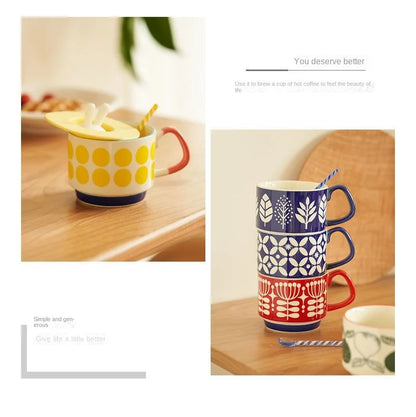 laysda 300ml Japanese Flower Coffee Mug Set Retro Ceramic Milk Oats Mug Office Water Handgrip Cup Kitchen Party Drinkware Set