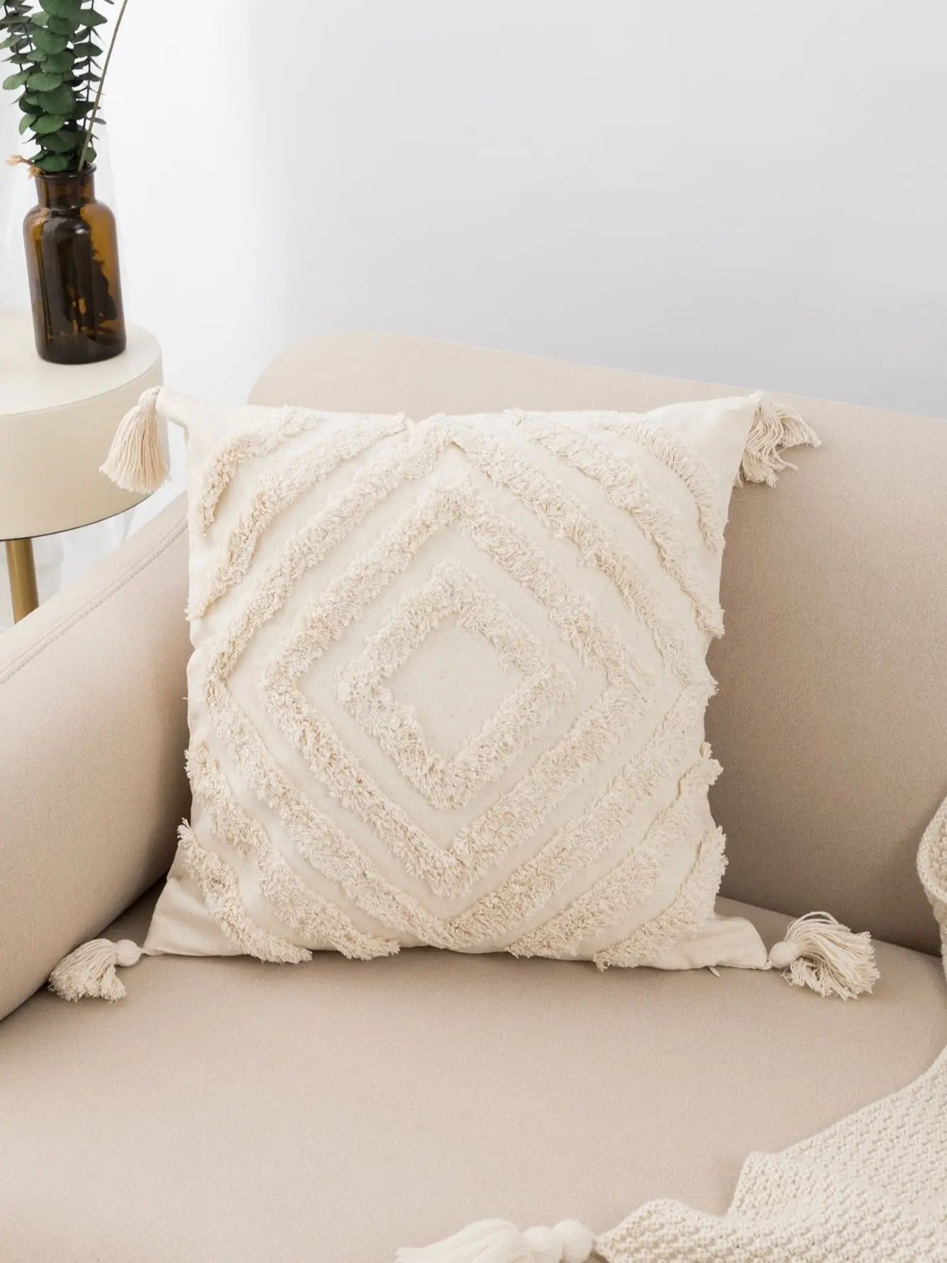 1pc beige tufted pillowcase fringed lumbar cushion fits the sofa bedroom