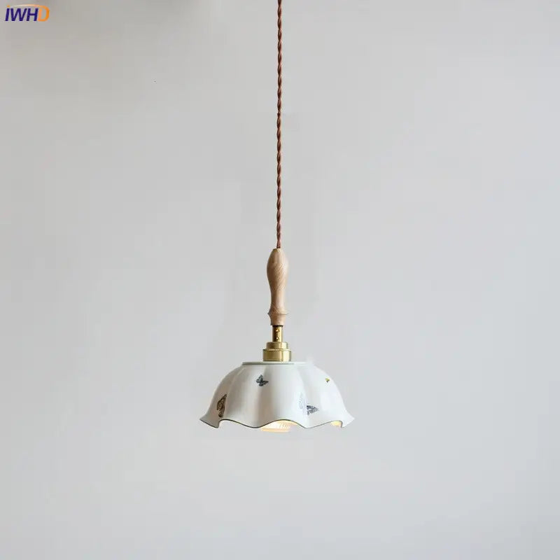 IWHD Schmetterling Keramik LED Pendelleuchte neben Holzgriff Kupfer Sockel Home Decor Schlafzimmer Esszimmer Wohnzimmer Licht Hängelampe