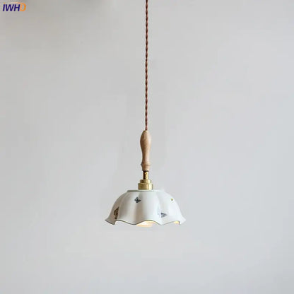 IWHD Schmetterling Keramik LED Pendelleuchte neben Holzgriff Kupfer Sockel Home Decor Schlafzimmer Esszimmer Wohnzimmer Licht Hängelampe