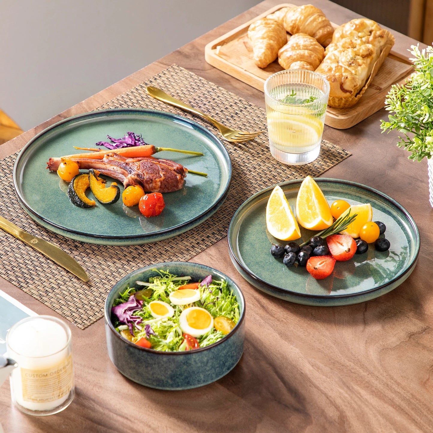 vancasso 12/24 Piece Dinner set Black Green Reactive Glaze Vertical edge Dinnerware set with 4PCS Dinner Plate/ Dessert/Bowl