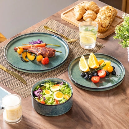 vancasso 12/24 Piece Dinner set Black Green Reactive Glaze Vertical edge Dinnerware set with 4PCS Dinner Plate/ Dessert/Bowl