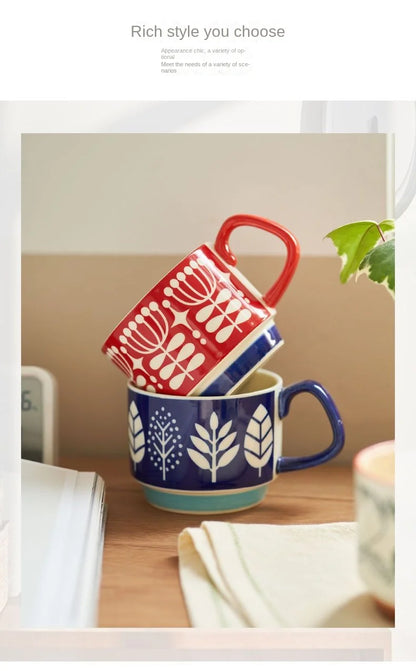 laysda 300ml Japanese Flower Coffee Mug Set Retro Ceramic Milk Oats Mug Office Water Handgrip Cup Kitchen Party Drinkware Set