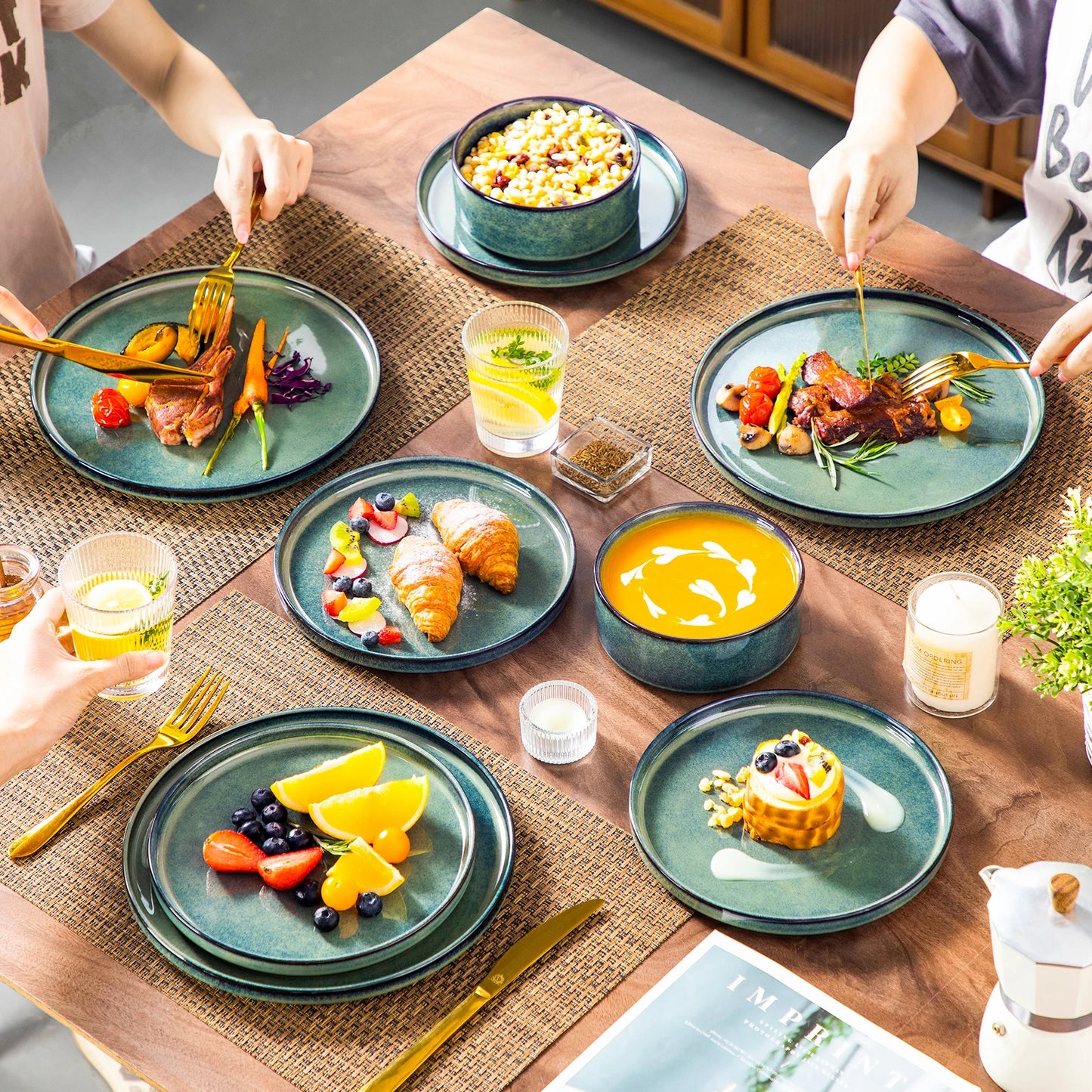 vancasso 12/24 Piece Dinner set Black Green Reactive Glaze Vertical edge Dinnerware set with 4PCS Dinner Plate/ Dessert/Bowl