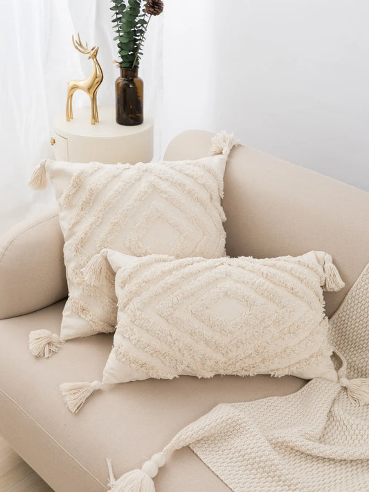 1pc beige tufted pillowcase fringed lumbar cushion fits the sofa bedroom