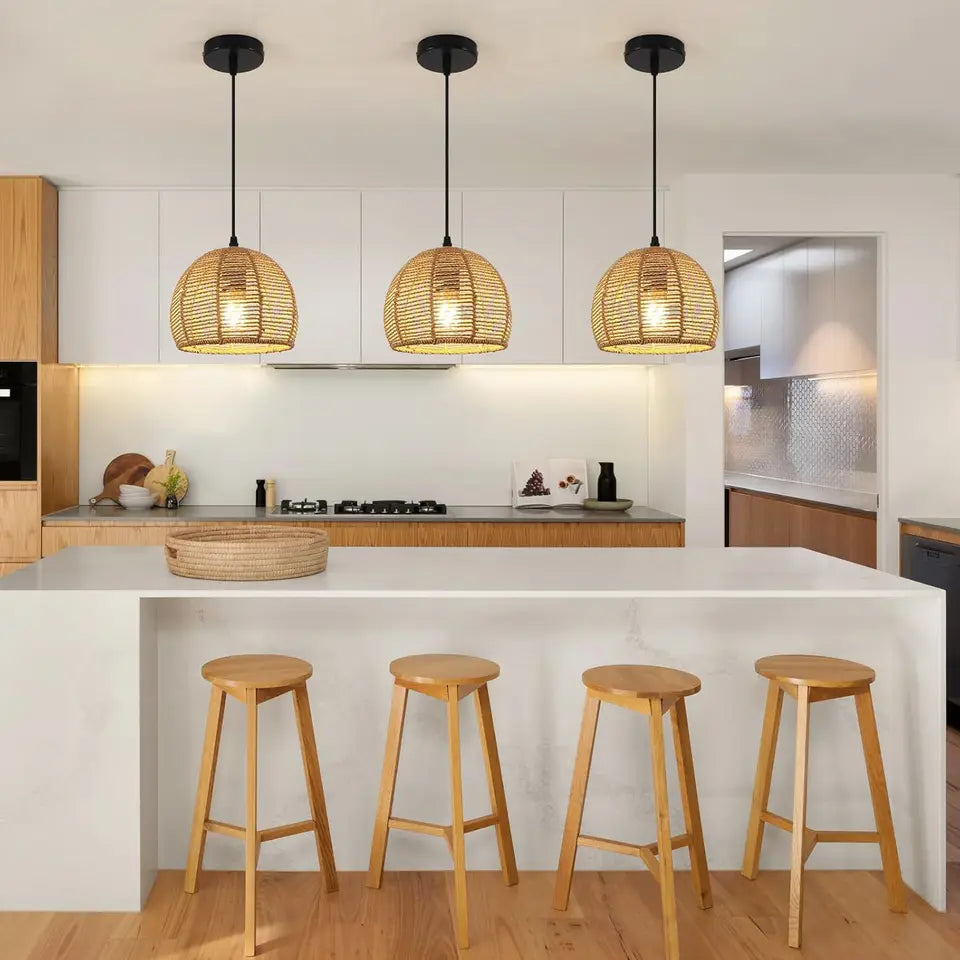 Rattan Pendant Light - Boho Woven Shade for Dining Room