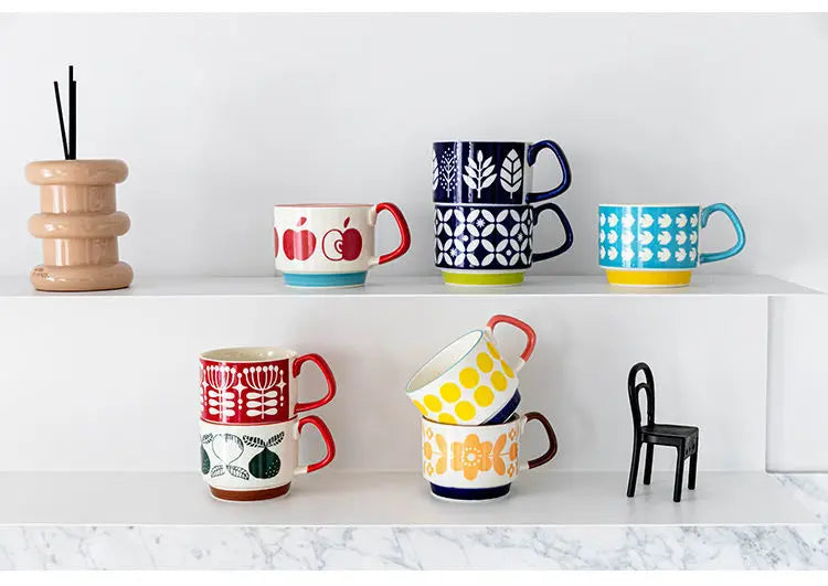 laysda 300ml Japanese Flower Coffee Mug Set Retro Ceramic Milk Oats Mug Office Water Handgrip Cup Kitchen Party Drinkware Set