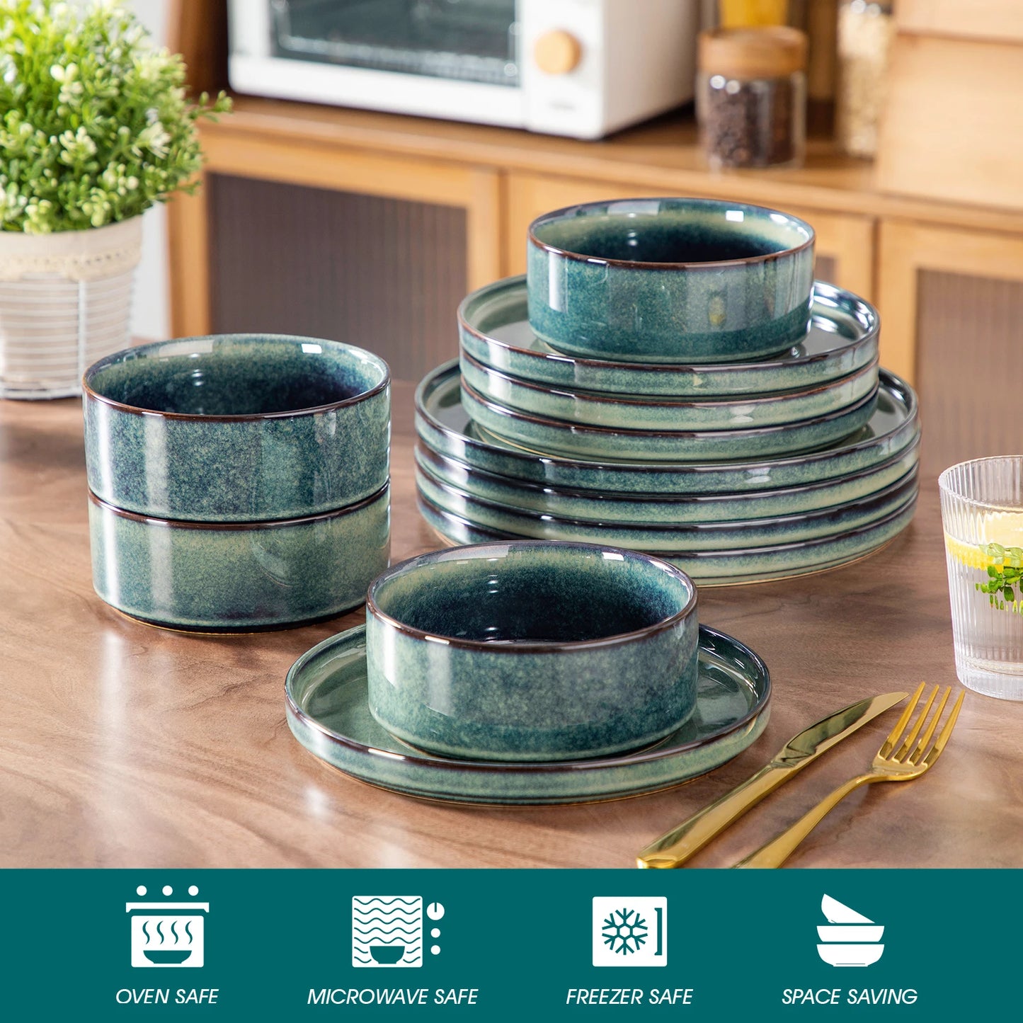 vancasso 12/24 Piece Dinner set Black Green Reactive Glaze Vertical edge Dinnerware set with 4PCS Dinner Plate/ Dessert/Bowl
