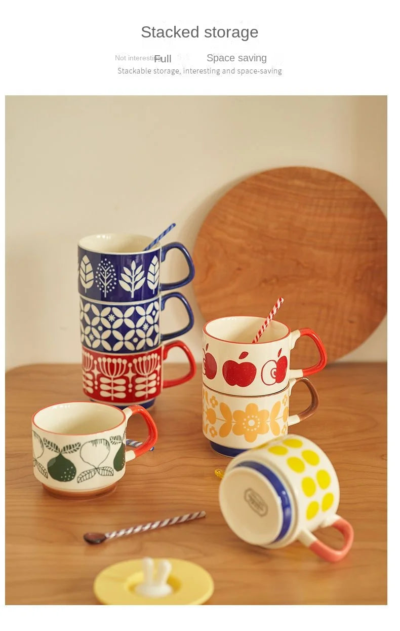 laysda 300ml Japanese Flower Coffee Mug Set Retro Ceramic Milk Oats Mug Office Water Handgrip Cup Kitchen Party Drinkware Set