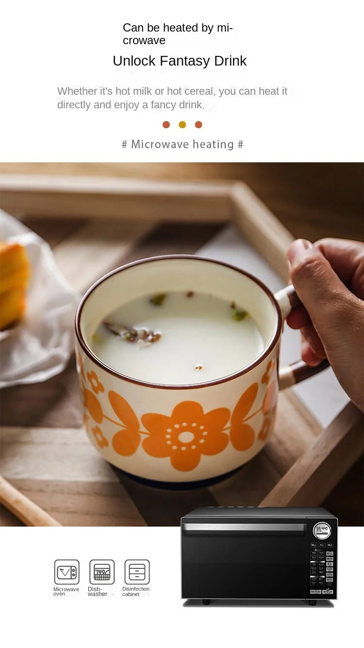laysda 300ml Japanese Flower Coffee Mug Set Retro Ceramic Milk Oats Mug Office Water Handgrip Cup Kitchen Party Drinkware Set