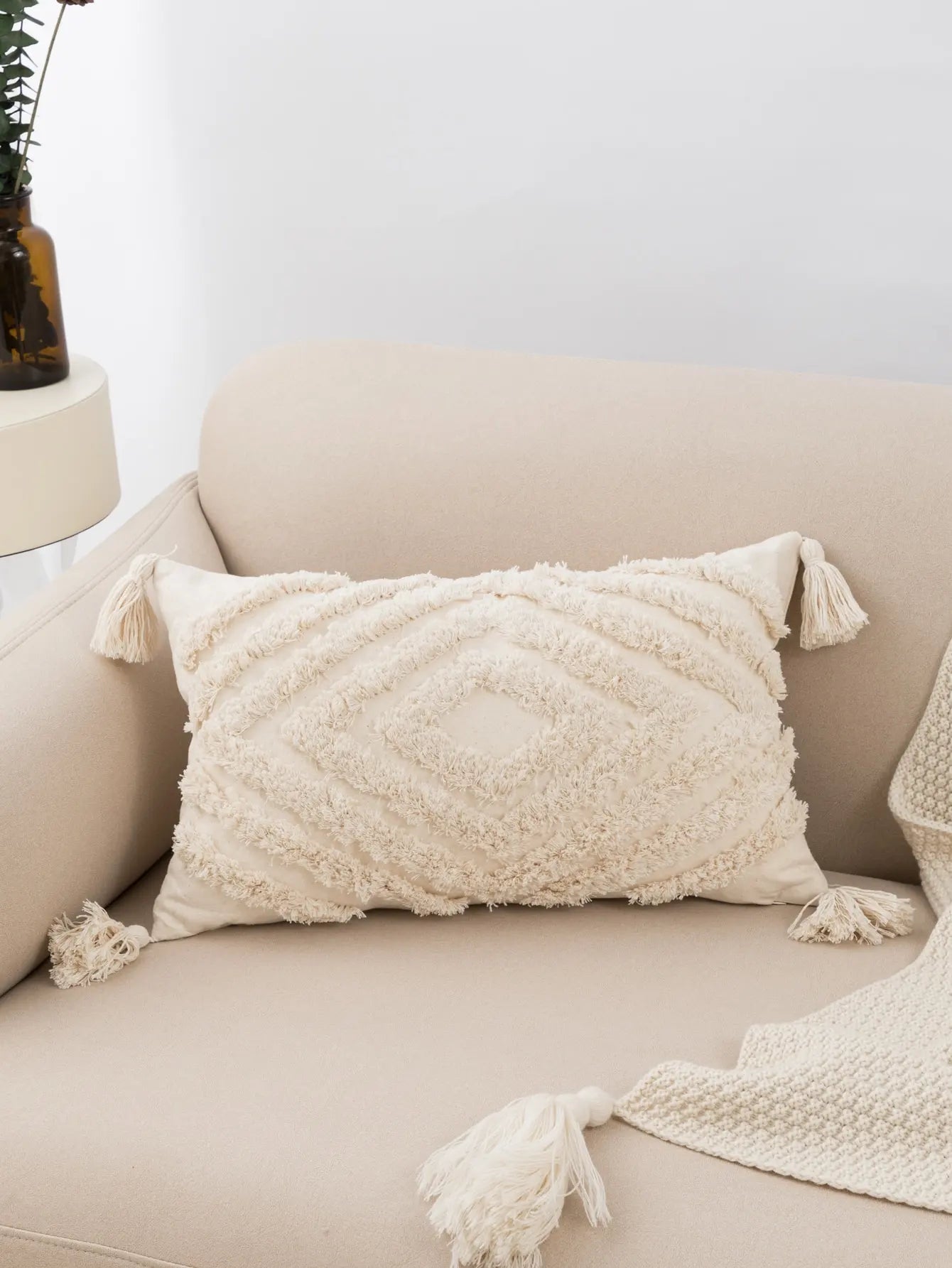 1pc beige tufted pillowcase fringed lumbar cushion fits the sofa bedroom