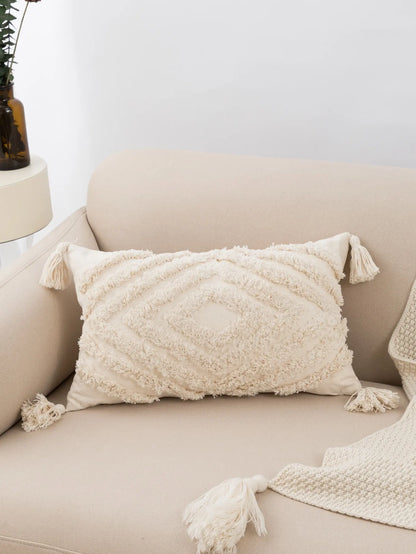 1pc beige tufted pillowcase fringed lumbar cushion fits the sofa bedroom