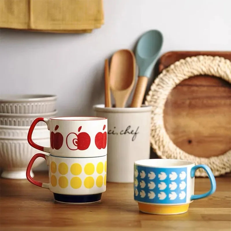laysda 300ml Japanese Flower Coffee Mug Set Retro Ceramic Milk Oats Mug Office Water Handgrip Cup Kitchen Party Drinkware Set