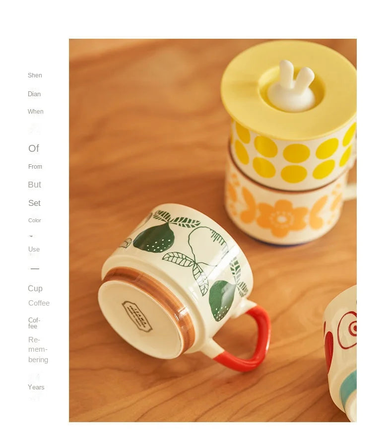 laysda 300ml Japanese Flower Coffee Mug Set Retro Ceramic Milk Oats Mug Office Water Handgrip Cup Kitchen Party Drinkware Set
