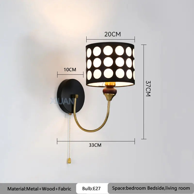 Retro Polka Dot Wall Sconce - Fabric Shade, Bedroom Light