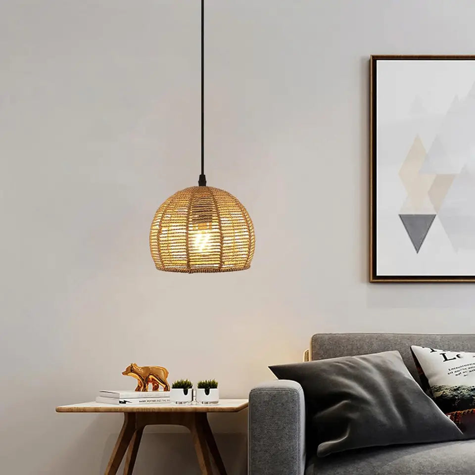 Rattan Pendant Light - Boho Woven Shade for Dining Room