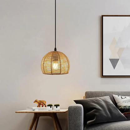 Rattan Pendant Light - Boho Woven Shade for Dining Room