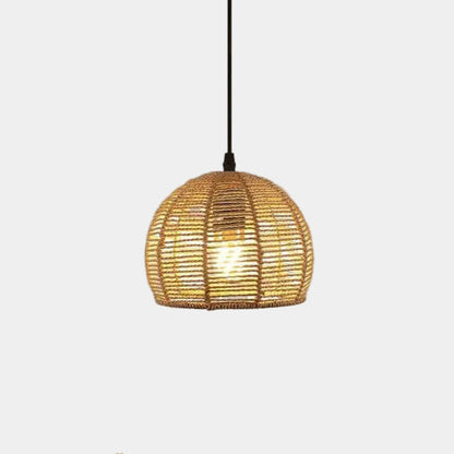 Woven pendant light on a white background