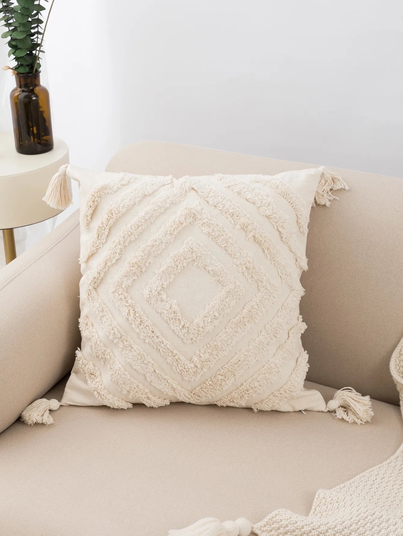 1pc beige tufted pillowcase fringed lumbar cushion fits the sofa bedroom
