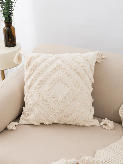 1pc beige tufted pillowcase fringed lumbar cushion fits the sofa bedroom