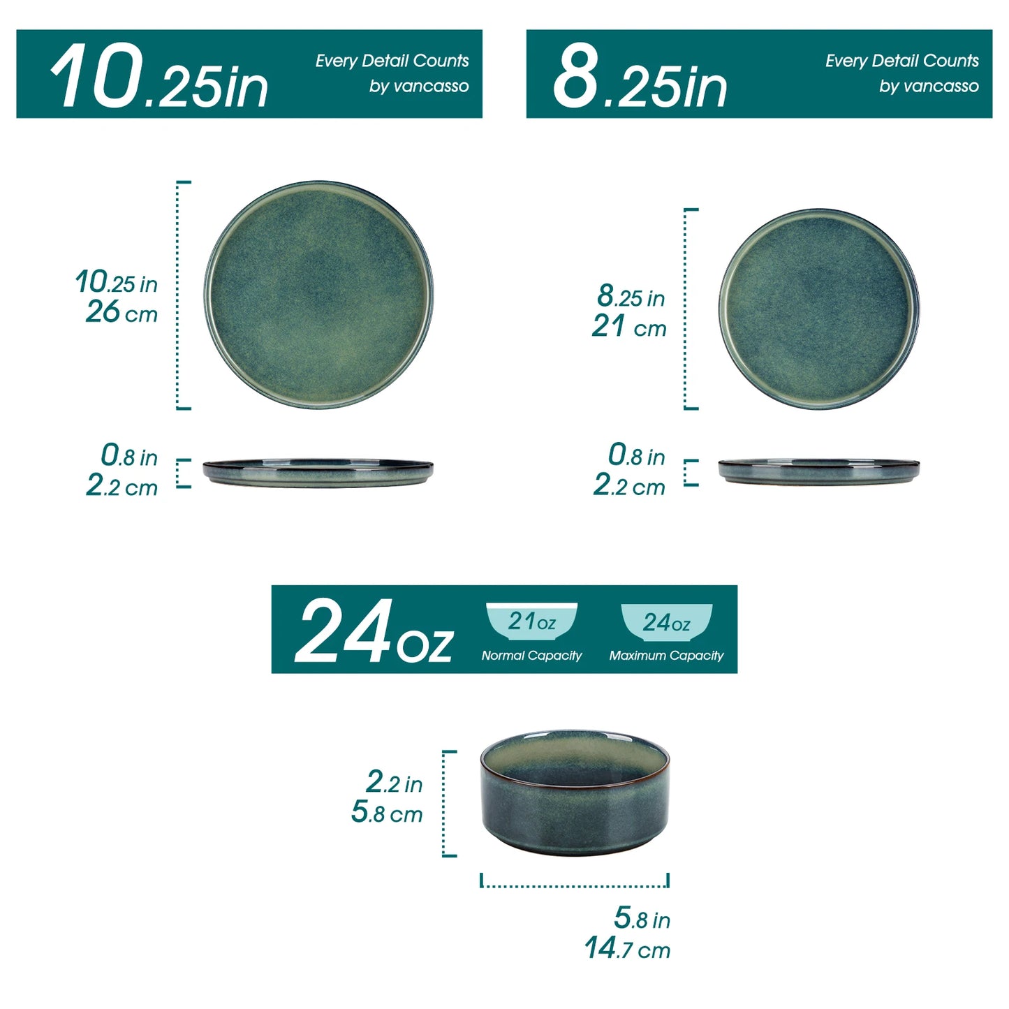 vancasso 12/24 Piece Dinner set Black Green Reactive Glaze Vertical edge Dinnerware set with 4PCS Dinner Plate/ Dessert/Bowl