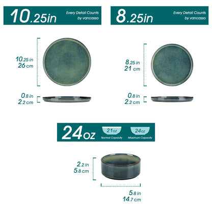 vancasso 12/24 Piece Dinner set Black Green Reactive Glaze Vertical edge Dinnerware set with 4PCS Dinner Plate/ Dessert/Bowl