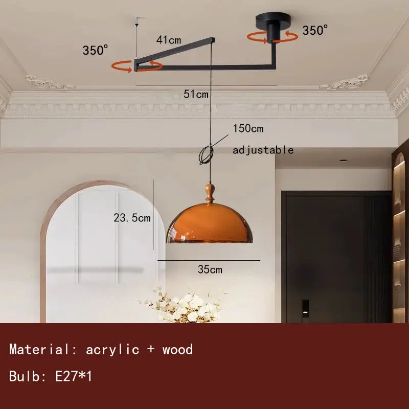 Brown Acrylic Pendant Light - Adjustable Height, Wood Finish
