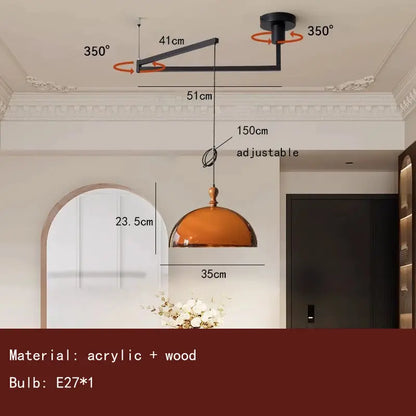 Brown Acrylic Pendant Light - Adjustable Height, Wood Finish