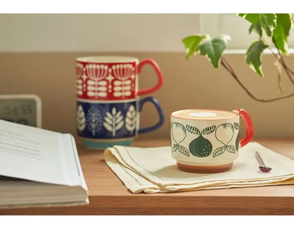 laysda 300ml Japanese Flower Coffee Mug Set Retro Ceramic Milk Oats Mug Office Water Handgrip Cup Kitchen Party Drinkware Set