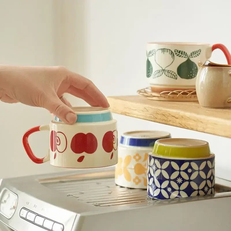 laysda 300ml Japanese Flower Coffee Mug Set Retro Ceramic Milk Oats Mug Office Water Handgrip Cup Kitchen Party Drinkware Set