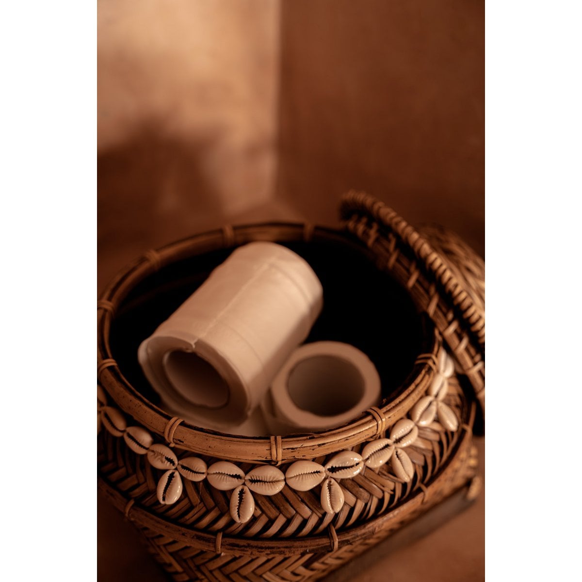 Wicker Storage Basket - Natural Brown Treasure Box with Shells