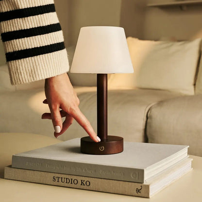 Zoë Dark Brown Wooden Rechargeable Table Lamp | Dimmable, USB-C, 80-Hour Battery