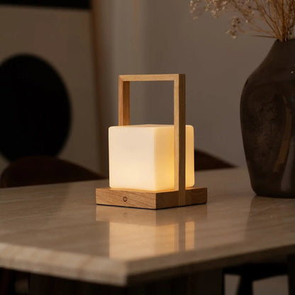 Rubberwood Table Lamp - Light Brown Cordless Dimmable Rechargeable