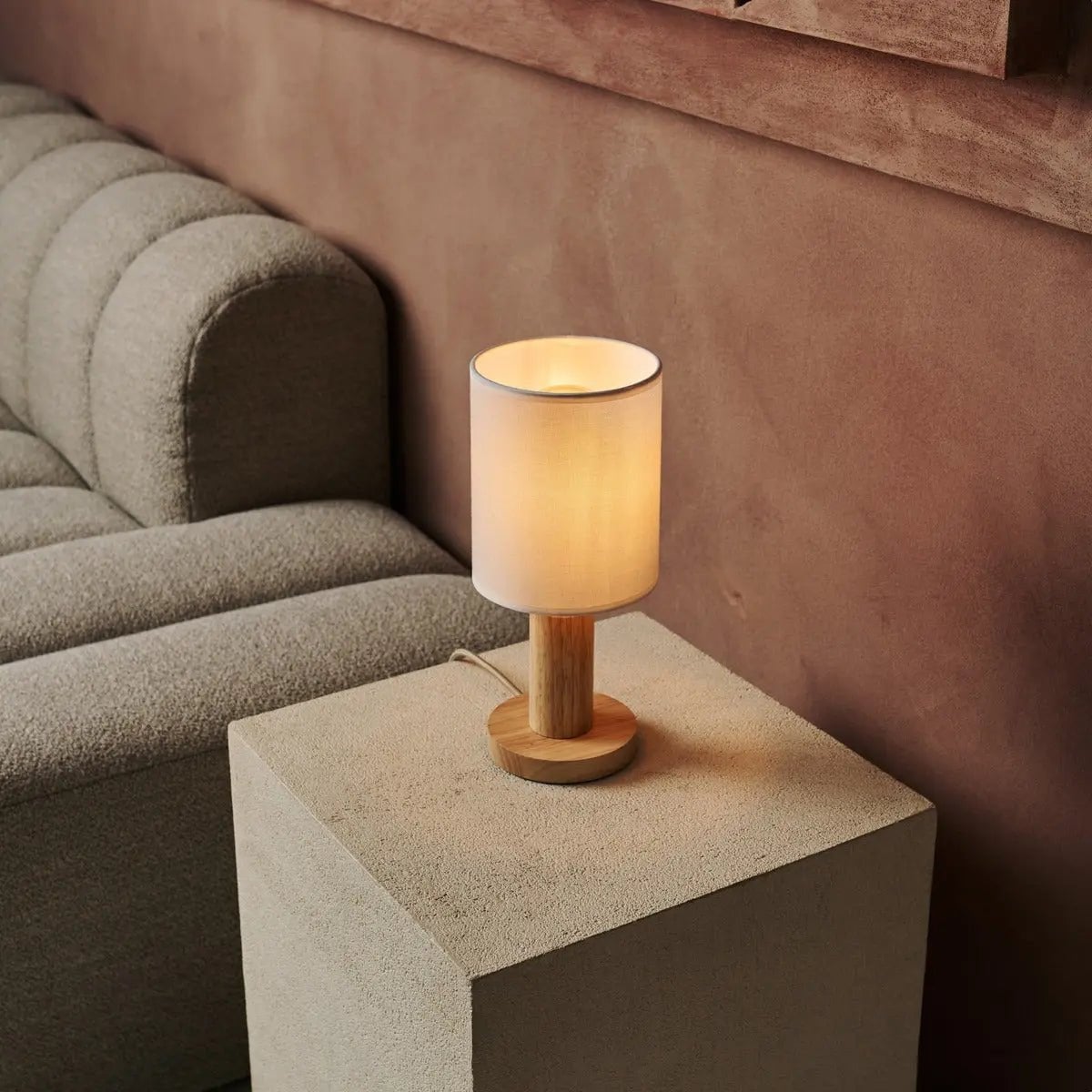 Fabric Table Lamp Light Brown Wood | Boris Bedside Reading Lamp