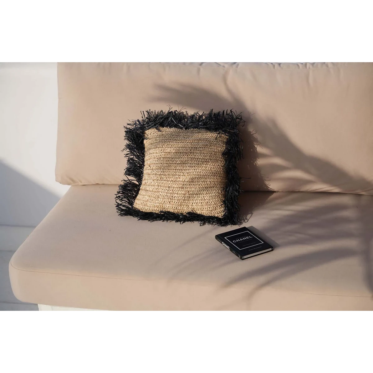 Raffia Cushion Cover - Black Natural Nordic Throw Pillow - 40x40cm
