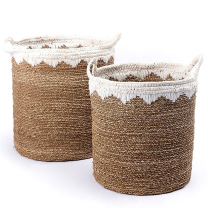 Seagrass Laundry Basket - Large Round Woven Storage Basket, White Cotton
