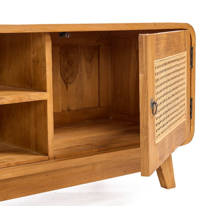 Teak and Rattan TV Stand - Mid-Century Modern Dune Cabinet, Natural