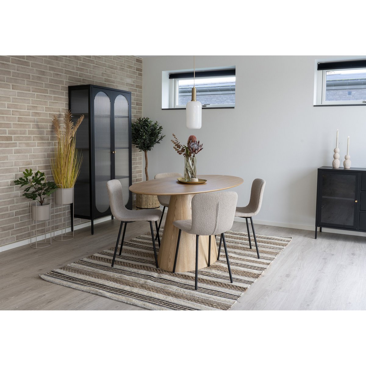 Bouclé Dining Chairs - Beige with Black Legs - Set of 2