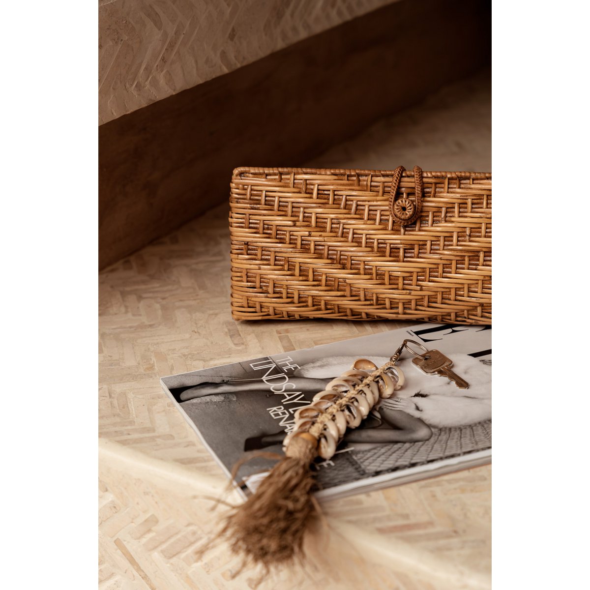 Raffia Fishbone Keychain - Natural White