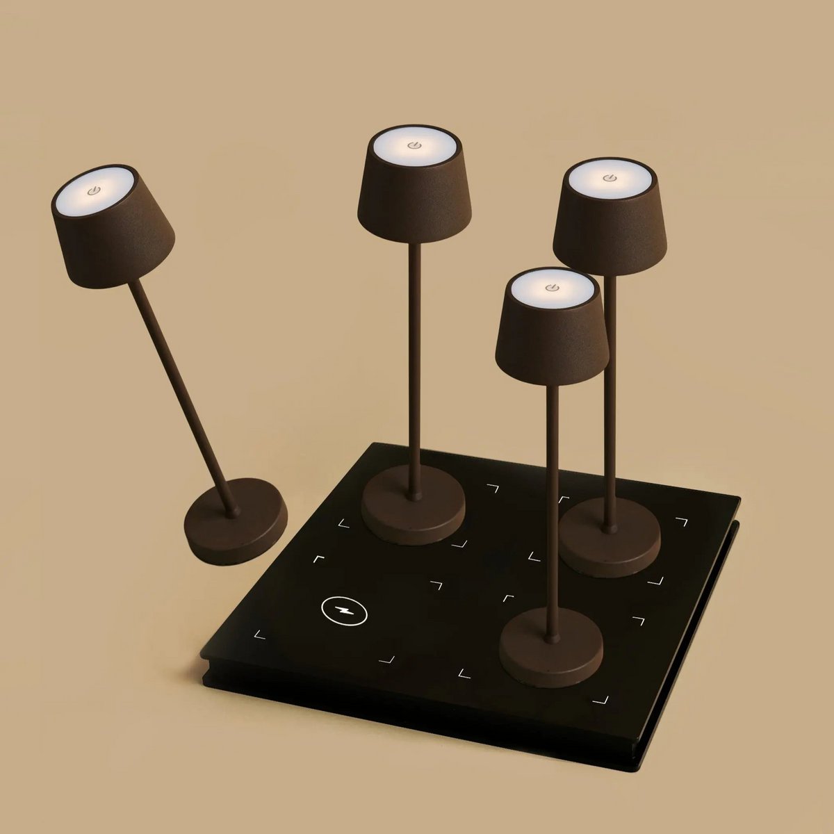 Combi Set Professional | 4 x Vondel Mini Mocha Brown Rechargeable Table Lamps & 1 x Amstel Charging Station