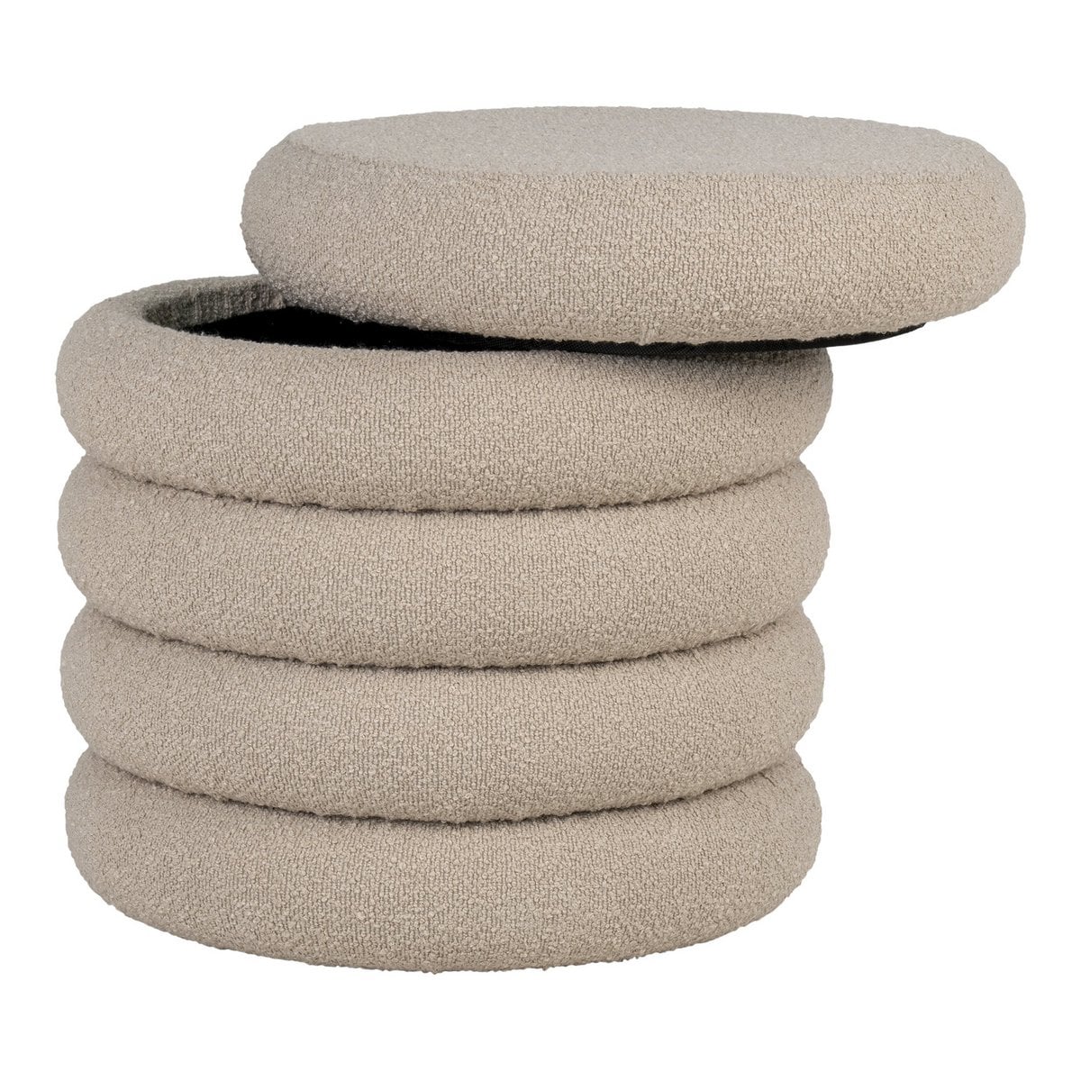 Beige Bouclé Storage Pouf - Modern Round Ottoman Footstool, 44cm