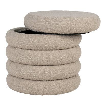 Beige Bouclé Storage Pouf - Modern Round Ottoman Footstool, 44cm