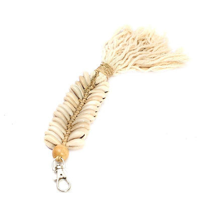 Macrame Keychain - Fishbone Design with Seashell and Tassel - Cream
