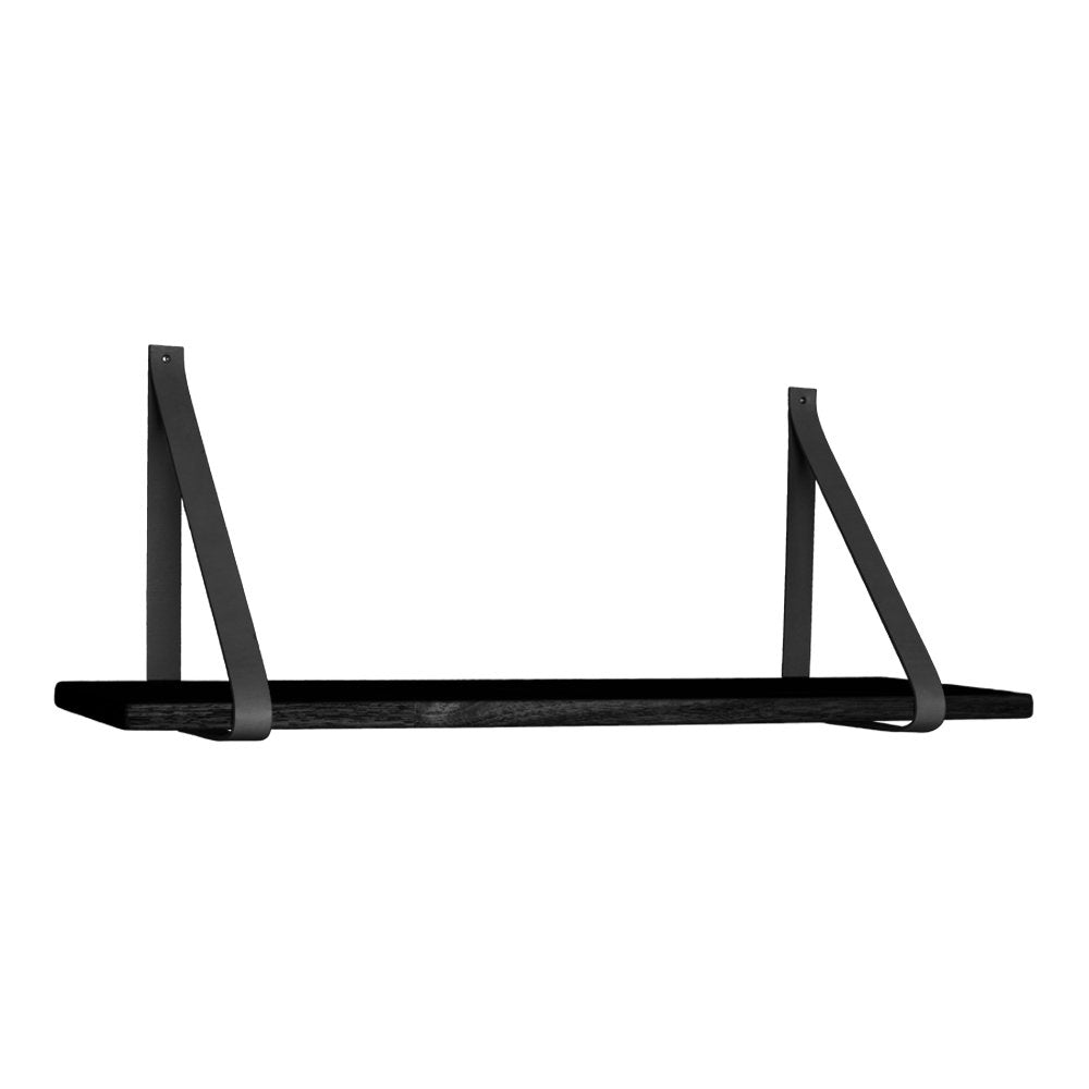 Rubberwood Shelf with Leather Straps – Black Nordic Wall Shelf, 120cm